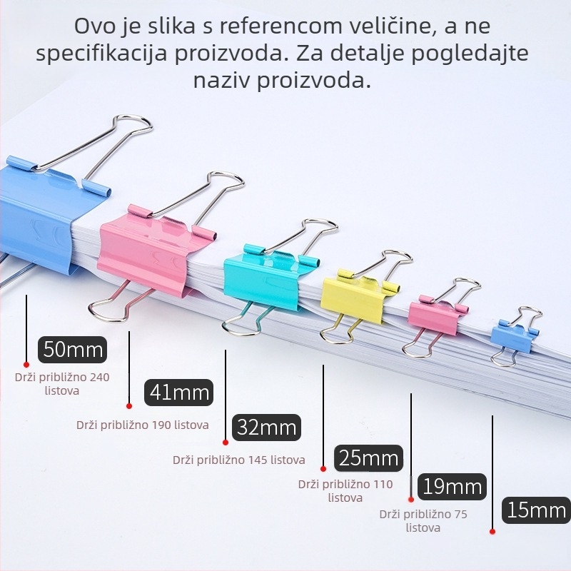 Šareni dugački klipovi za dokumente, različite veličine, metalni uredski pribor