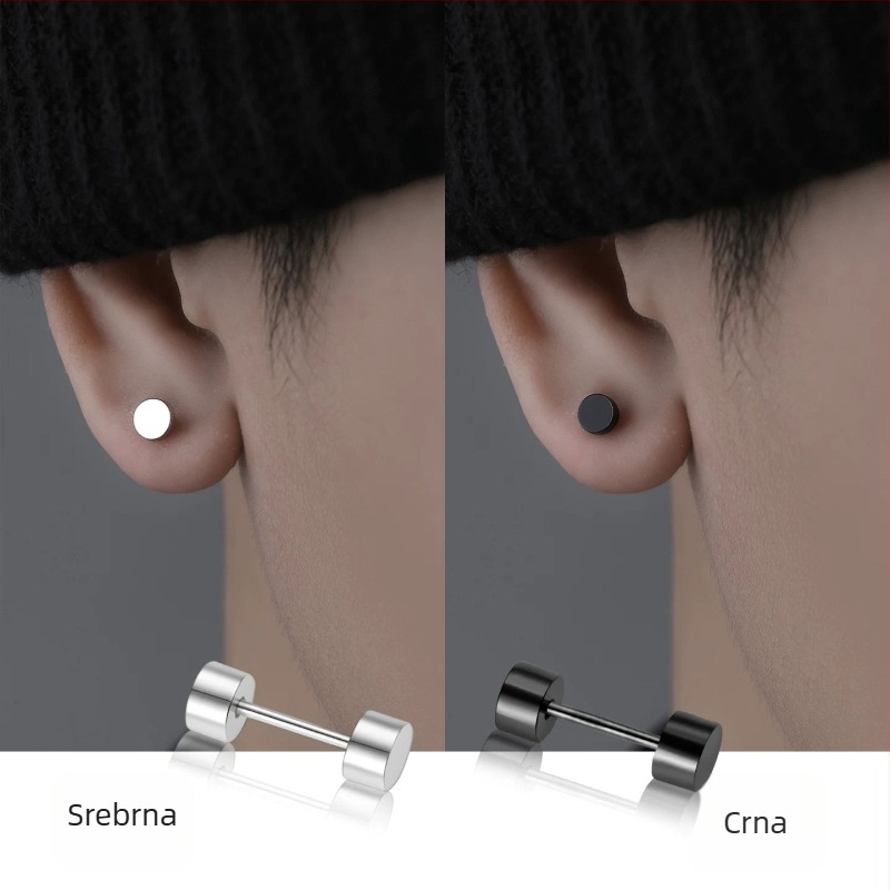 Barbell naušnice od titan čelika, crno-bijele, vijčani mehanizam, unisex modernog stila