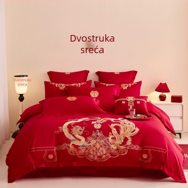 Crveno ušiveni set posteljine od pamuka za vjenčanja, četiri dijela, luksuzni stil, novi model 2026