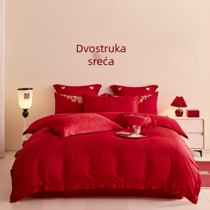 Crveno ušiveni set posteljine od pamuka za vjenčanja, četiri dijela, luksuzni stil, novi model 2026