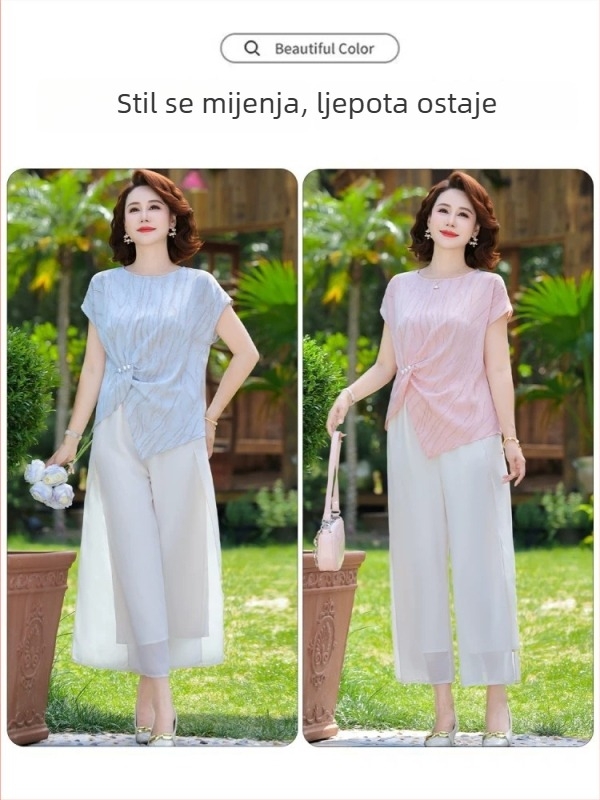 Ljetni komplet za žene srednje dobi i starije, s floralnim uzorkom, vrh od ice silk i cropped hlače