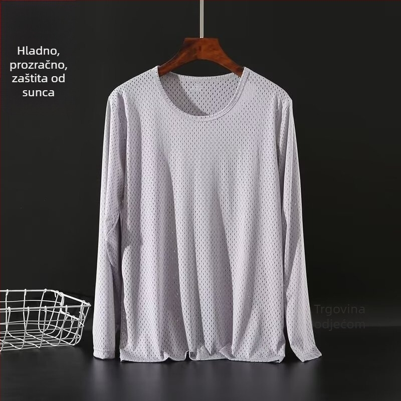 Bijela muška majica s dugim rukavima od ice silk, tankog, prozračnog i brzog sušenja, za ljeto i jesen