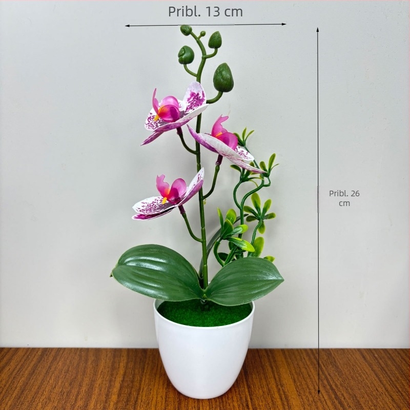 Umjetna Phalaenopsis orhideja, tri cvijeta i dva lista, u maloj okrugloj posudi, dekor za ulaz