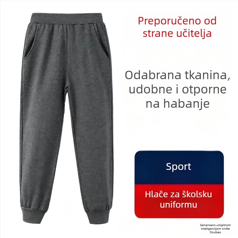 Dječje hlače školske uniforme od pamuka, lagane za proljeće i jesen, duge, unisex, s elastičnim pojasom i manžetama na gležnjevima