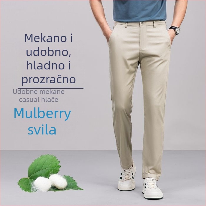 Muške hlače od mulberry svile za hlađenje, ravne nogavice, otporne na nabore, lagane ljetne ležerne hlače