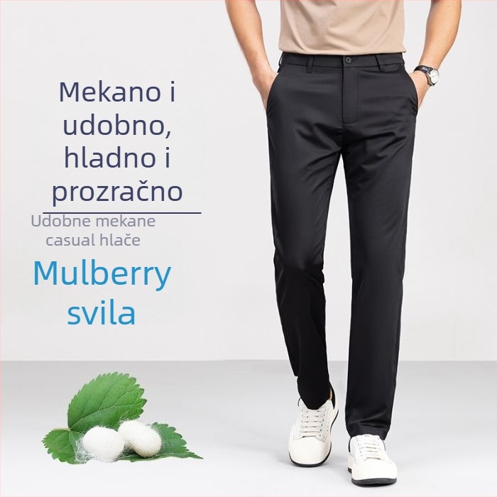 Muške hlače od mulberry svile za hlađenje, ravne nogavice, otporne na nabore, lagane ljetne ležerne hlače