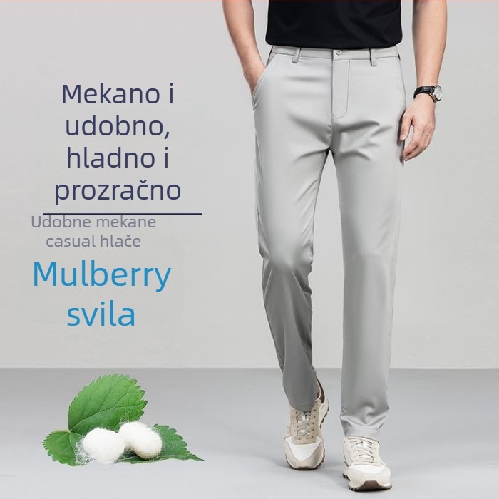 Muške hlače od mulberry svile za hlađenje, ravne nogavice, otporne na nabore, lagane ljetne ležerne hlače