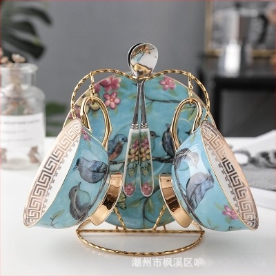 Set šalice za kavu od bone china, europskog stila s pozlaćenim obrubom, s tanjurićem, žličicom i držačem šalice