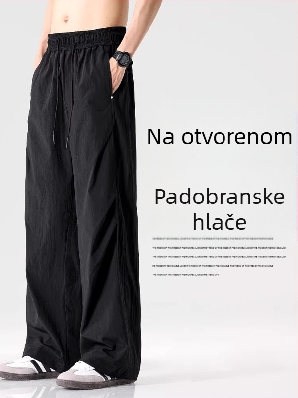 Muške ljetne casual hlače – labave, ravnog kroja, širokih nogavica, dugačke, crne, 100% poliester, s remenom, otporne na nabore, rastezljiva tkanina, džepni detalji