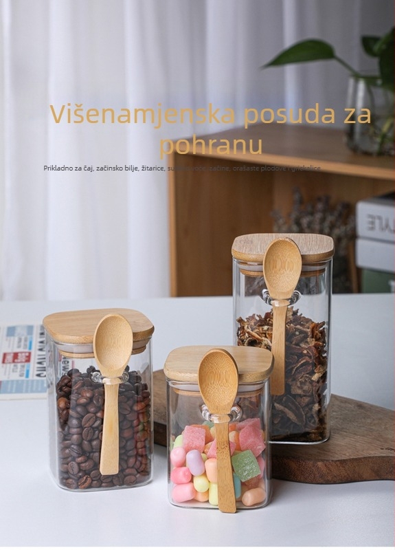 Set staklenih posuda za začine s drvenom žlicom i zaštitom od udara od perlaste pamuke navlake