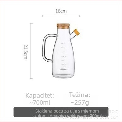 Staklena boca za ulje s mjernom skalom za kontrolirano točenje, kuhinjska pohrana ulja te boca za začine, s zatvaračem