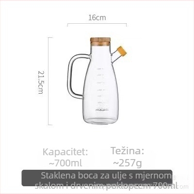 Staklena boca za ulje s mjernom skalom za kontrolirano točenje, kuhinjska pohrana ulja te boca za začine, s zatvaračem