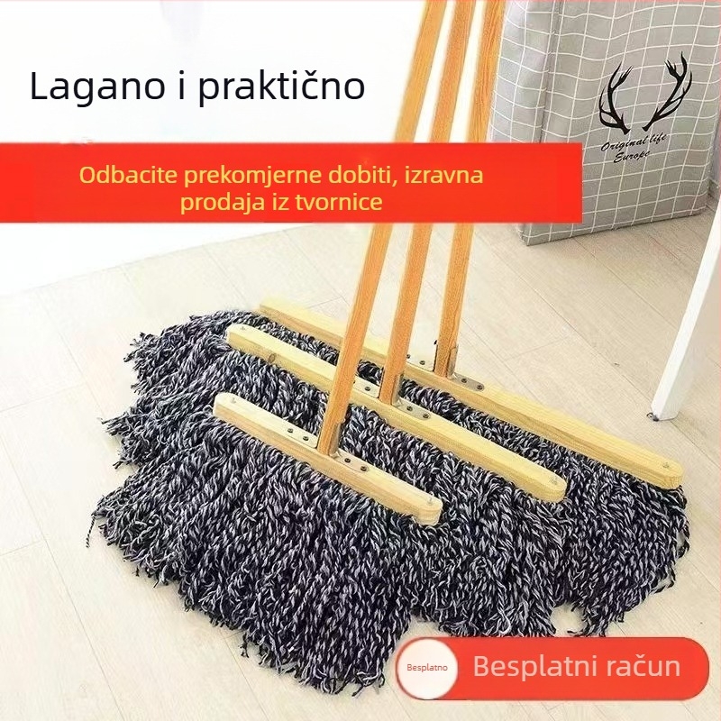 Ploški mop s drvenom ručkom i ojačanim pamucnim vlaknom, velike veličine