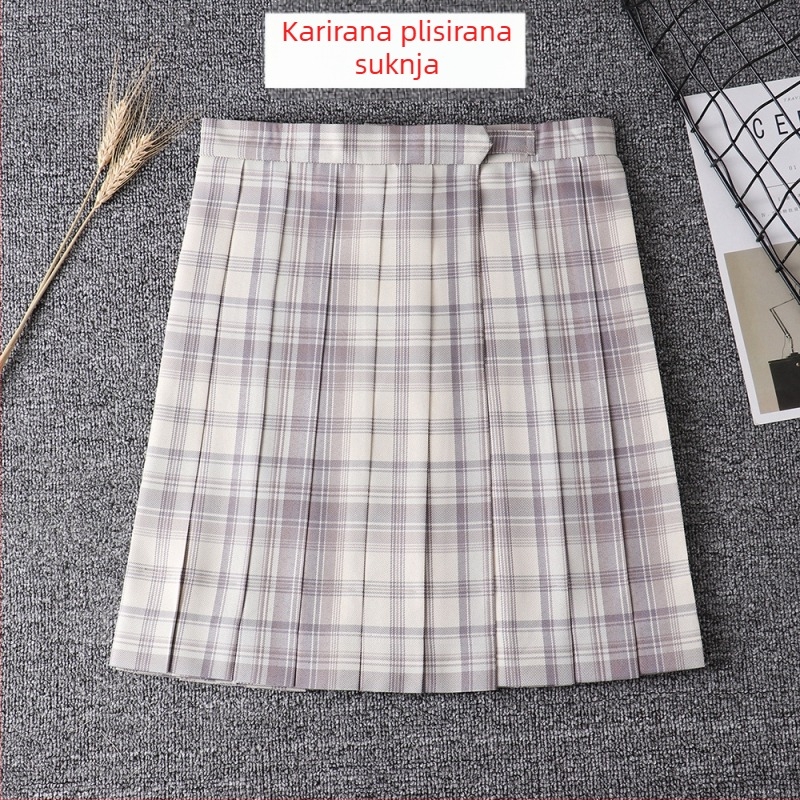 Kariirana plisirana suknja s visokim strukom u JK stilu, s džepovima i linijom poravnanja džepova