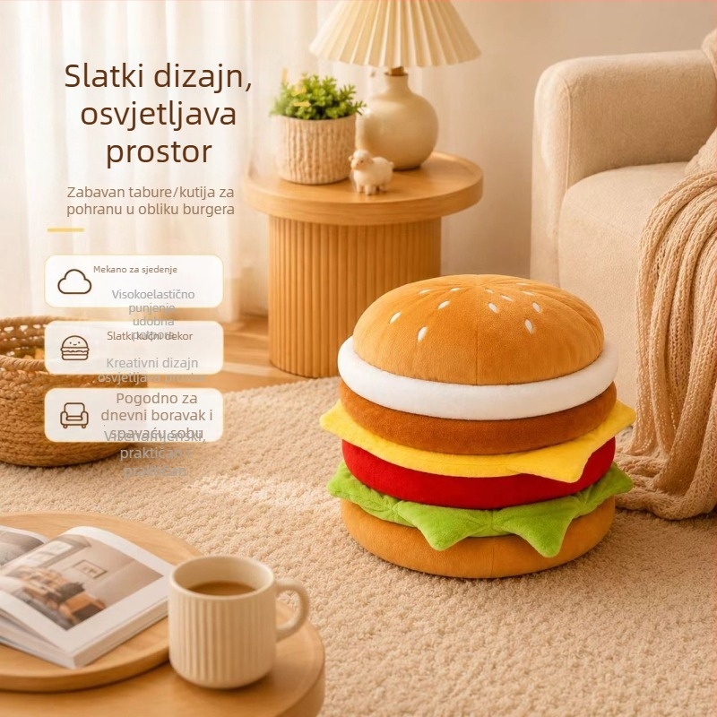 Tabure za pohranu u obliku hamburgera za dnevni boravak, elegantan kompaktni stolić za pohranu igračaka i grickica, kreativni višenamjenski niski tabure