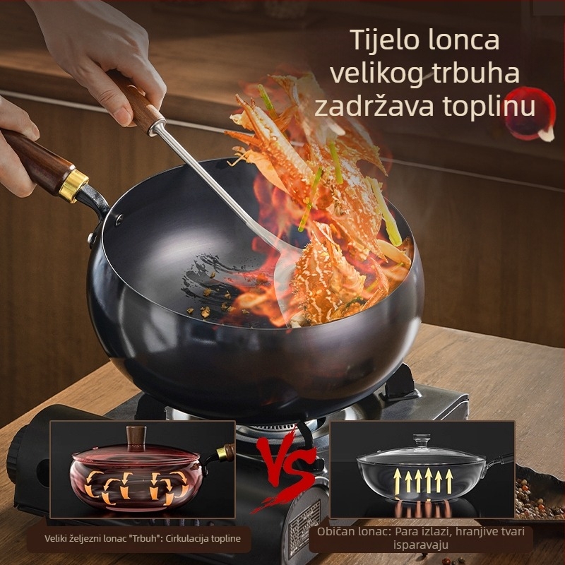 Tradicionalna štednjak od lijevanog željeza s širokim tijelom, bez premaza, kuhanje kod kuće, ravno dno, indukcijski kompatibilan, 24/26/28 cm