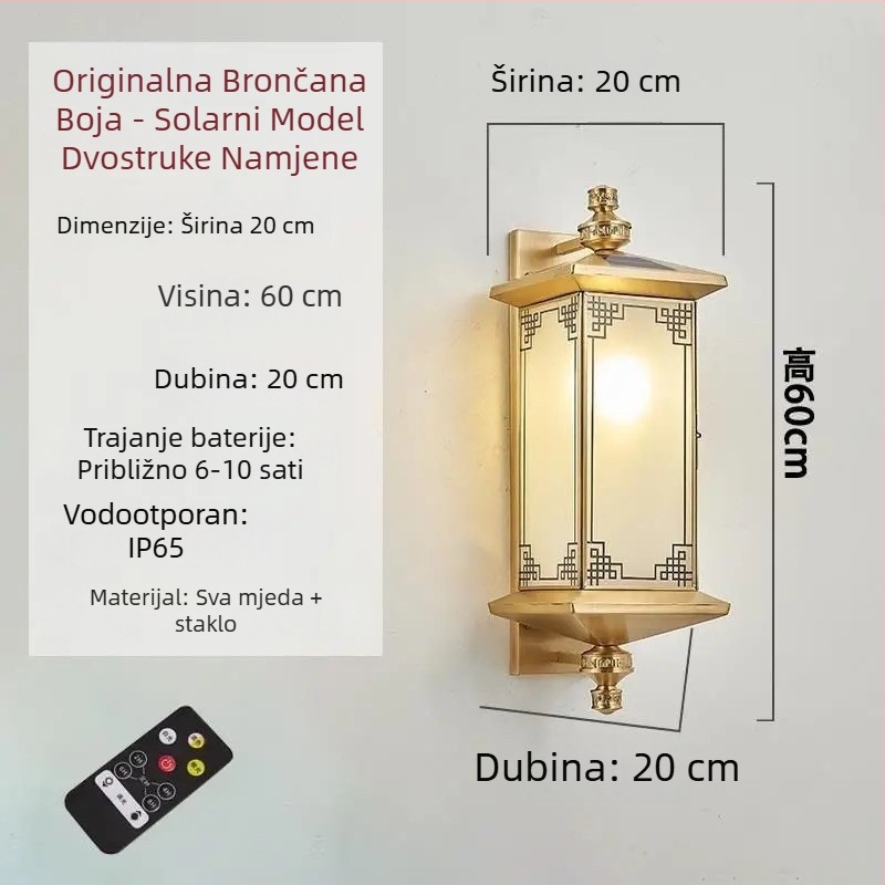 Solarna zidna svjetiljka od čistog bakra, kineskog retro stila, vodootporna, za vilu, vrt i hodnik