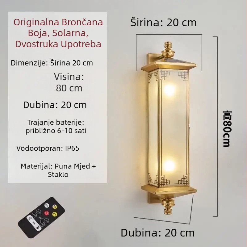Solarna zidna svjetiljka od čistog bakra, kineskog retro stila, vodootporna, za vilu, vrt i hodnik