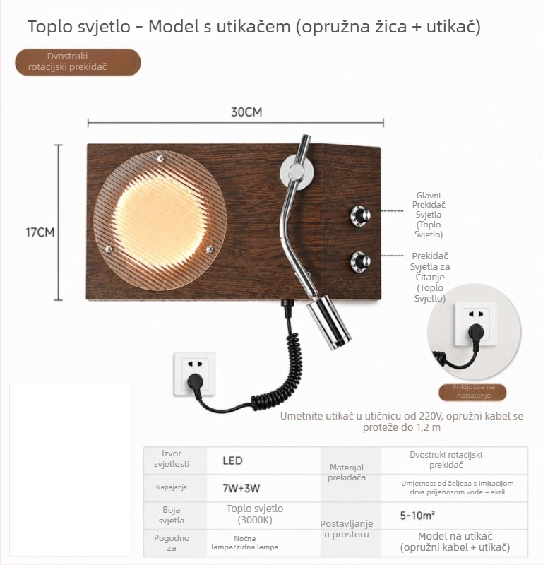 Zidna LED svjetiljka u stilu ploče, francuska retro noćna svjetiljka za spavaću sobu, Bauhaus dizajn bežična LED zidna svjetiljka