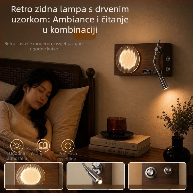 Zidna LED svjetiljka u stilu ploče, francuska retro noćna svjetiljka za spavaću sobu, Bauhaus dizajn bežična LED zidna svjetiljka