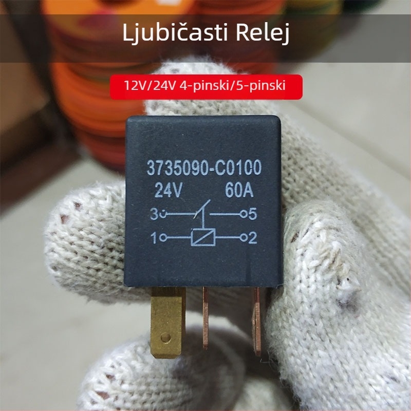 Ljubičasto auto rele, 12V/24V, 60A, visokog protoka, kompaktno, s 4 pinom ili 5 pinova