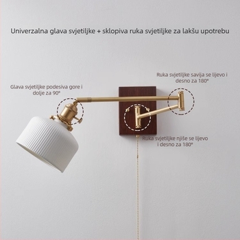 Zidna lampa s pomičnim ramenom, masivno crno orah drvo, vintage američki i japanski stil, svjetlo za čitanje