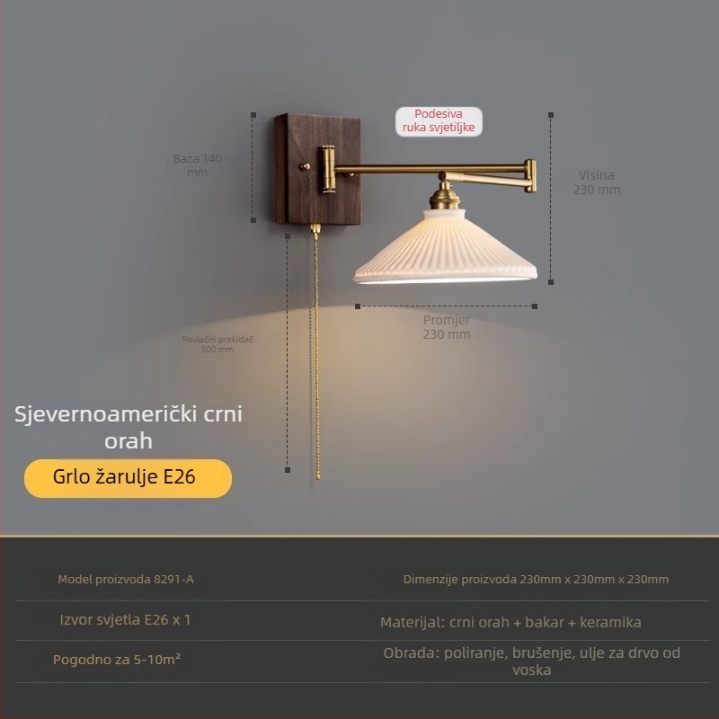 Zidna lampa s pomičnim ramenom, masivno crno orah drvo, vintage američki i japanski stil, svjetlo za čitanje