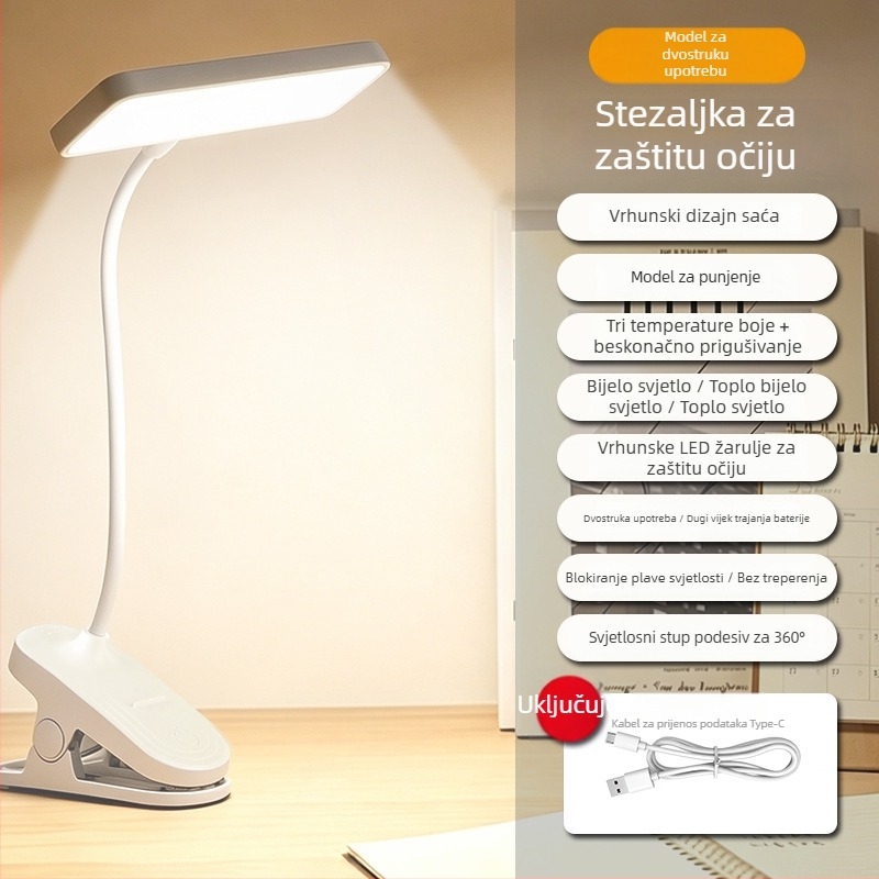 LED klips lampica za učenje s zaštitom očiju, noćna stolna lampa za studentski dom