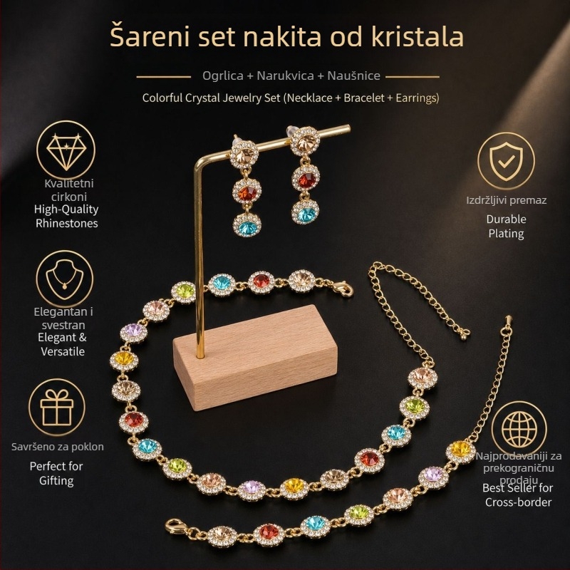 Ženski set s dijamantnim rainbow chok erom — kratak, elegantan i blistav ogrlica uz naušnice i narukvicu