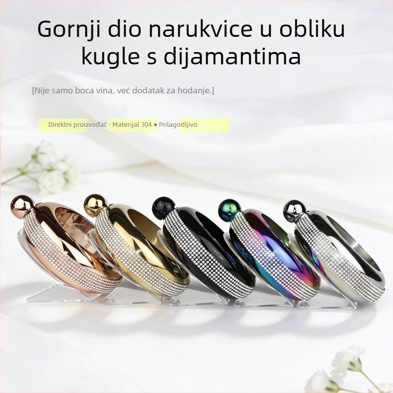 Flakon-narukvica od nehrđajućeg čelika 304 s rhinestones, ženski, okrugla bočica za liker 3.5 oz, elektroplatirano