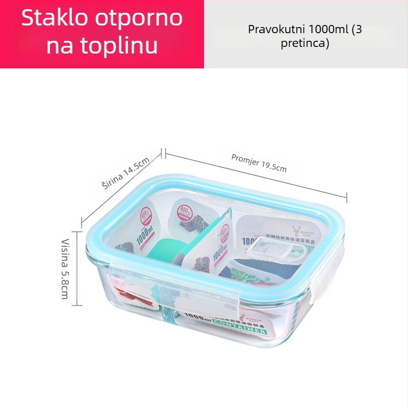 Staklena posuda za hranu od visokog borosilikata, otporna na toplinu, mikrovalna sigurna, pravokutnog oblika, 800–1000 ml, s logom