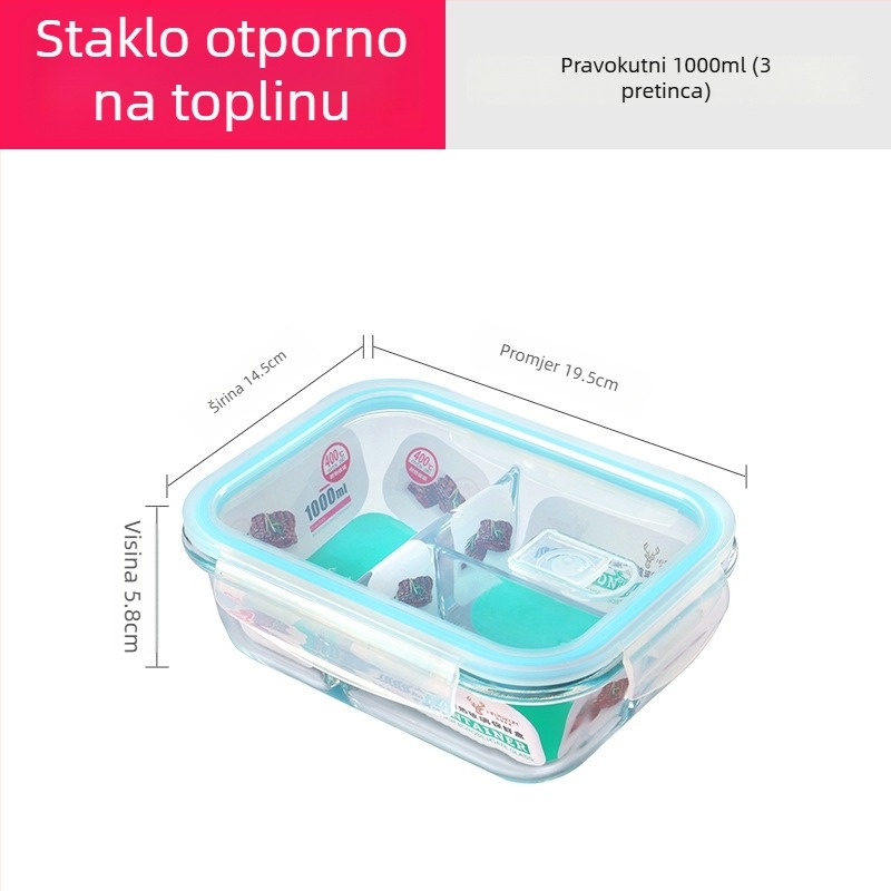 Staklena posuda za hranu od visokog borosilikata, otporna na toplinu, mikrovalna sigurna, pravokutnog oblika, 800–1000 ml, s logom