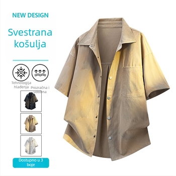 Muška košulja s gradijentnim tie-dye, kratkih rukava, kardigan-stil dizajn, ljetna hongkonška inspiracija ink-wash moda