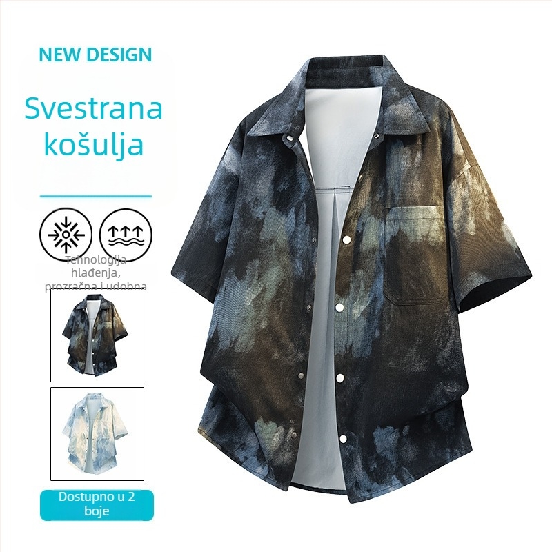 Muška košulja s gradijentnim tie-dye, kratkih rukava, kardigan-stil dizajn, ljetna hongkonška inspiracija ink-wash moda