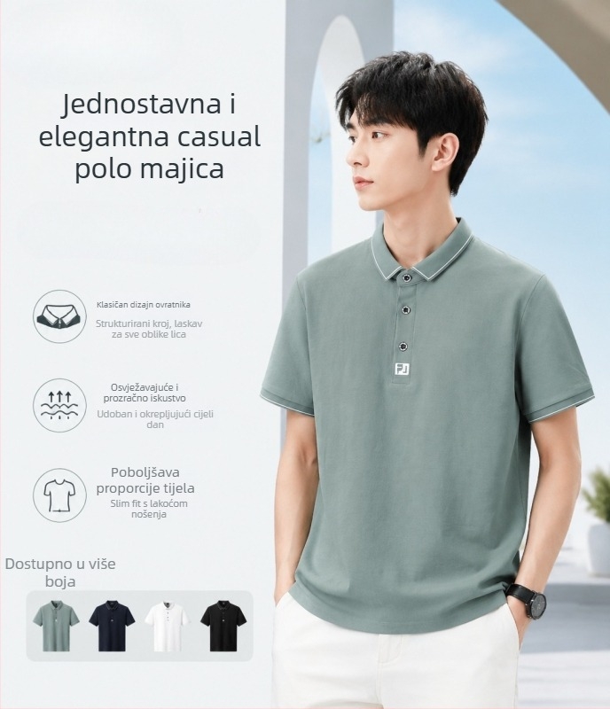 Muška polo majica kratkih rukava, lagani pamuk s elastanom, ljeto 2026, ležerni kroj, vezenje i kristali