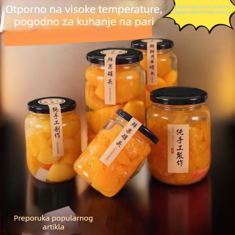 Staklena staklenka za konzerviranje žutih breskvi, otporna na visoke temperature i pogodna za paru, s poklopcem, 500 g / 750 g