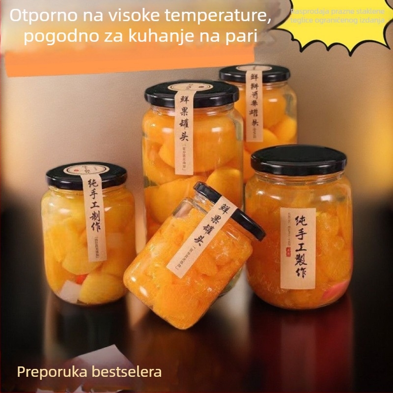 Staklena staklenka za konzerviranje žutih breskvi, otporna na visoke temperature i pogodna za paru, s poklopcem, 500 g / 750 g