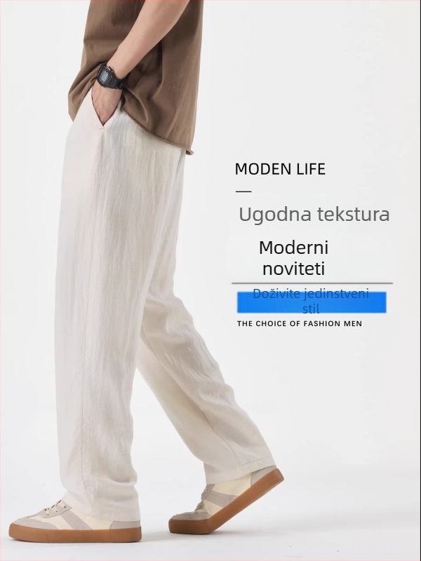 Muške casual hlače širokih nogavica od mješavine Tencel-lin, ljeto 2026, opuštena široka i ravna kroj, zip, džepovi