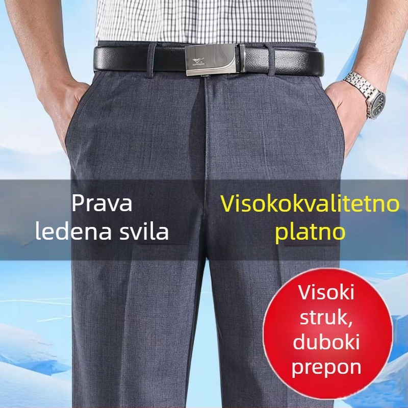 Muške hlače od ledene svile i lana, ljeto, lagani, opuštenog ravnog kroja za muškarce srednje i starije dobi