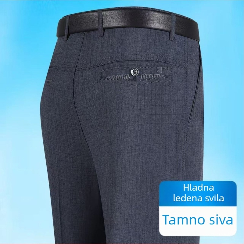 Muške hlače od ledene svile i lana, ljeto, lagani, opuštenog ravnog kroja za muškarce srednje i starije dobi