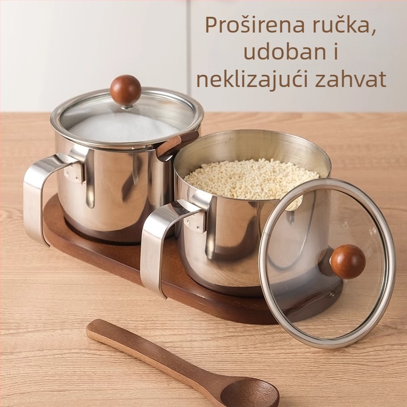 Set posuda za začine od 304 nehrđajućeg čelika, staklenka za šećer od orahovog drveta i pladanj za žlice, korejski stil kuhinje