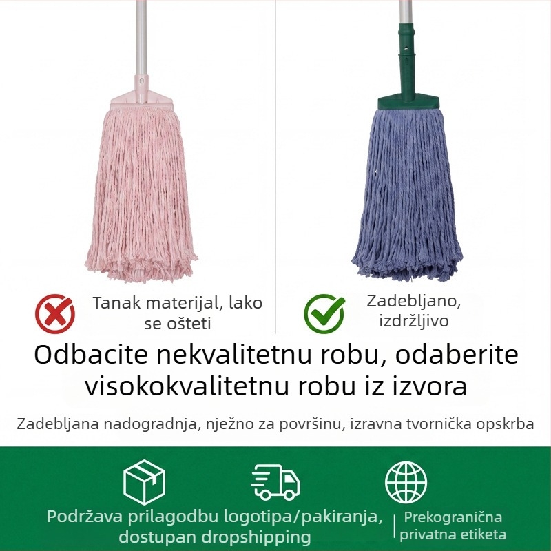 Pojačani mop s okruglom glavom, bijela pamučna pređa, upijajući i izdržljiv, kućni mop s uklonjivom glavom za čišćenje