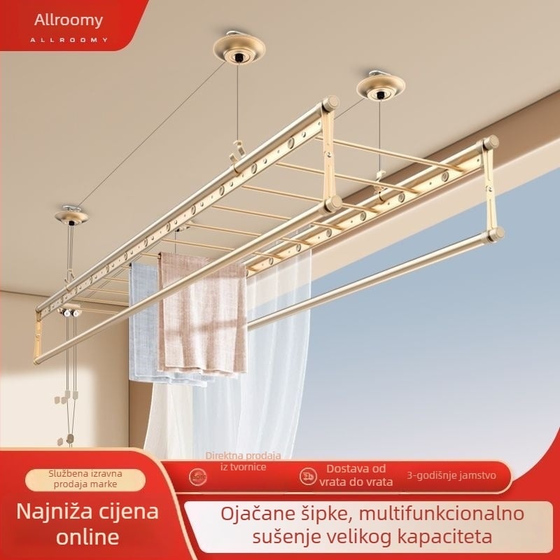 Ručni podizni sušilo za odjeću, montirano na plafon, podizanje, otporno na vjetar, dvostruka šipka, za balkon