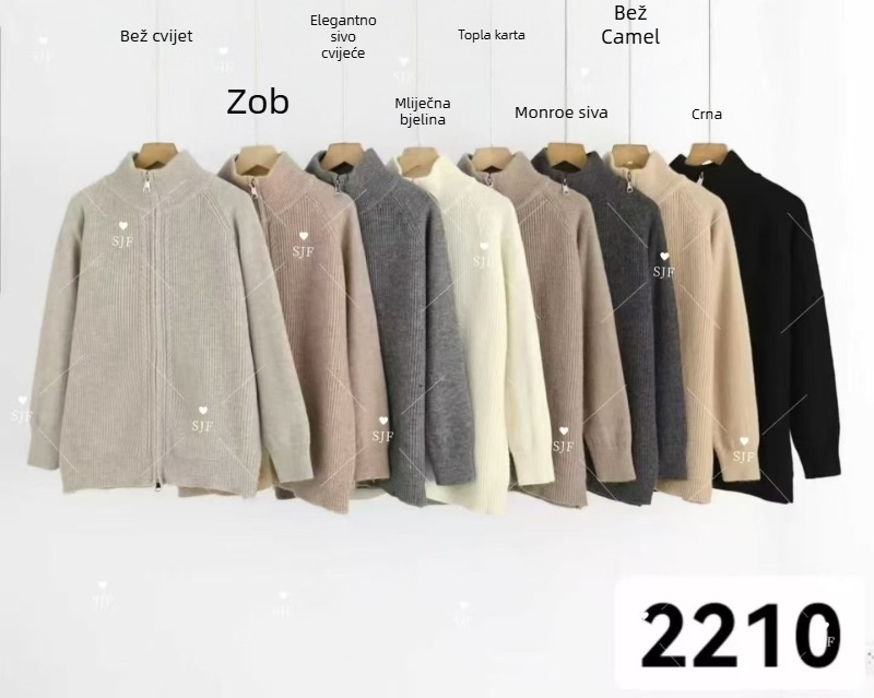 Ženski pleteni kardigan s dvostrukim zatvaračem i visokim ovratnikom, korejskog stila, lagan i casual