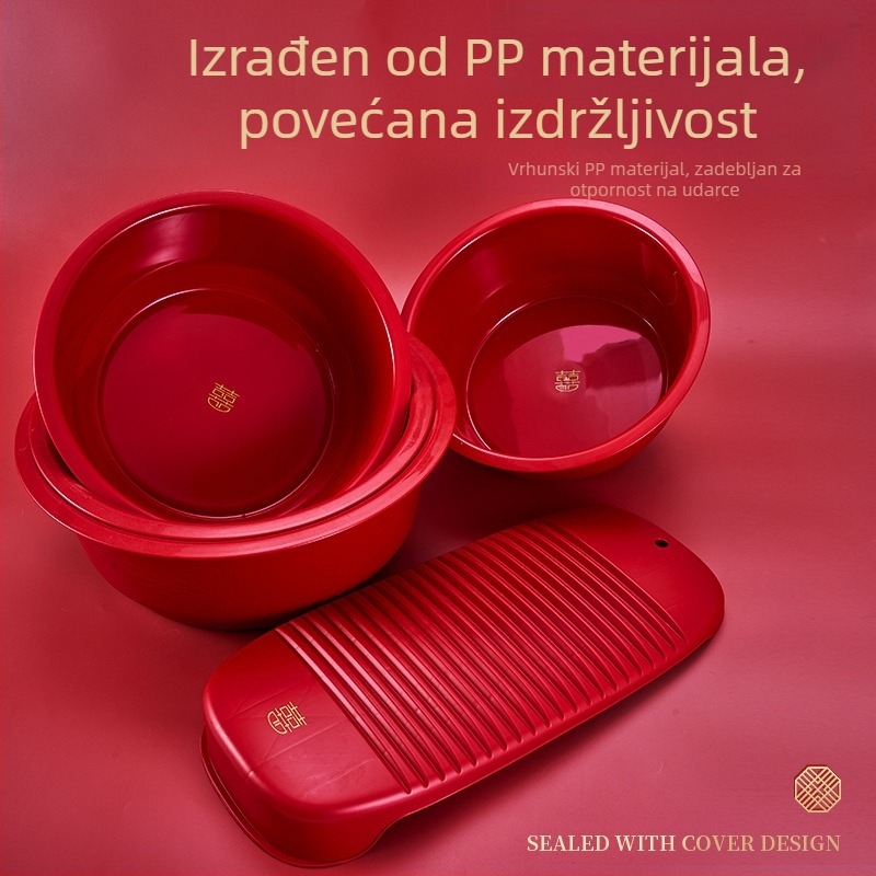 Vjenčani svečani set: crveni znak Sreća dvostruka, posuda za pranje povrća i daska za ribanje – kućna upotreba