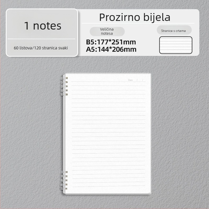 B5 spiralna bilježnica s minimalističkim, debelim dizajnom, format A5, za učenike, s linijskim stranicama