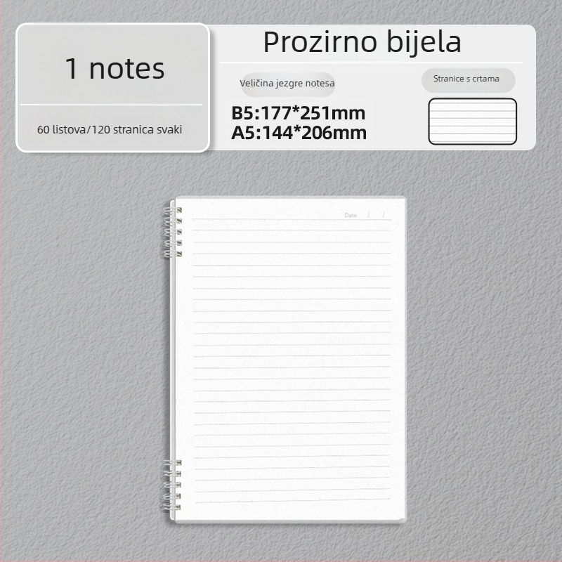 B5 spiralna bilježnica s minimalističkim, debelim dizajnom, format A5, za učenike, s linijskim stranicama
