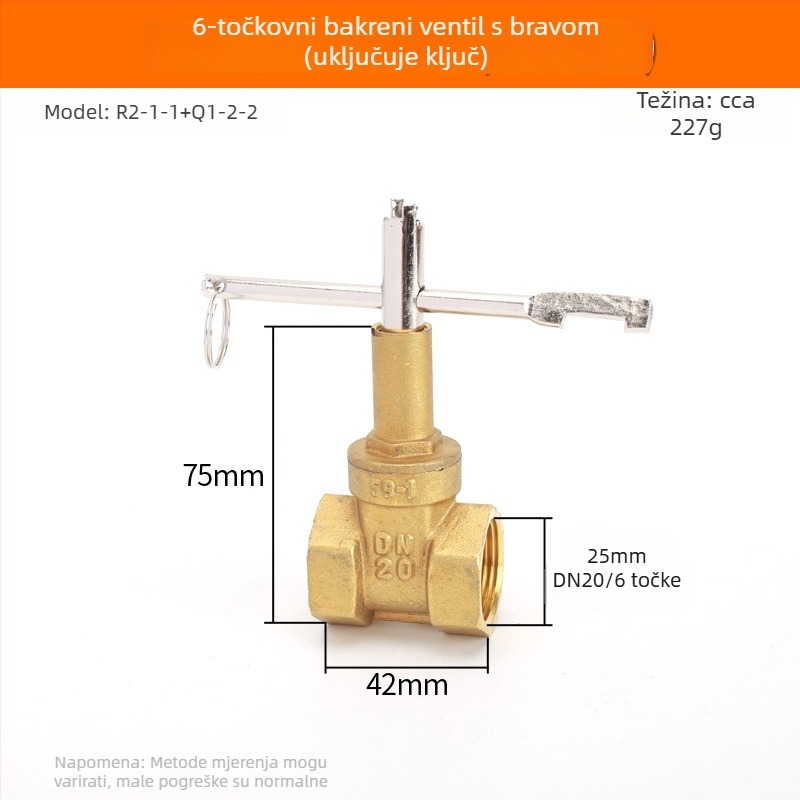 Latunska kapna ventil s dvostrukim unutarnjim navojem, debeli sigurnosni ventil sa ključem, protiv krađe vodomjera, glavni ventil