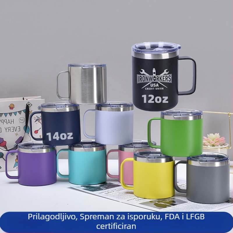 12oz dvostruko izolirana čaša za kavu s držačem, unutarnji 304 nehrđajući čelik, vanjski 201 nehrđajući čelik, prijenosna uredska termos-šalica