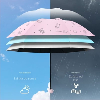 Novi kišobran s crtić medvjedom za sunce i kišu, UV zaštita, izdržljiv, 3-dijelni sklopivi kišobran